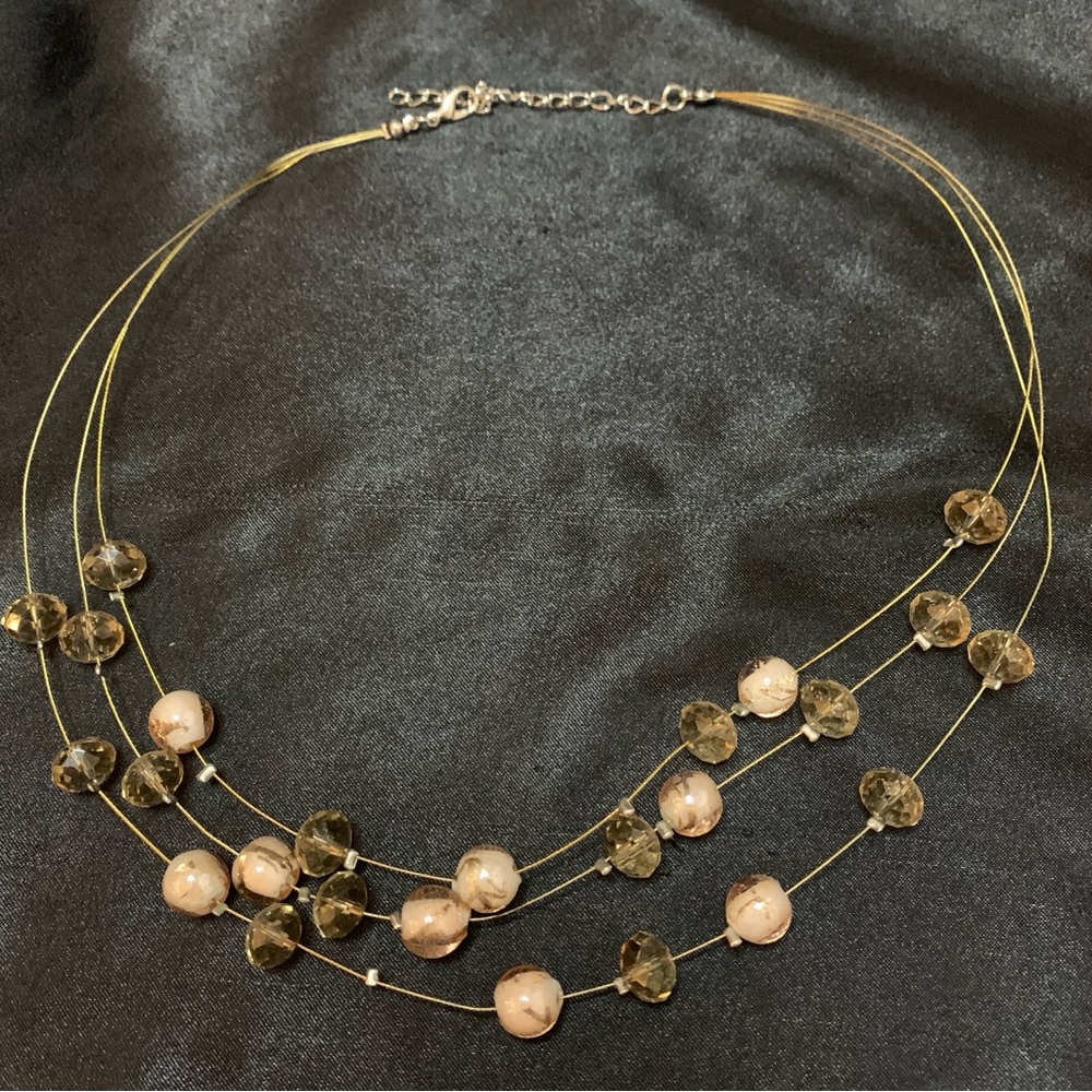 3 Strand Layered Tiered Rose/ Rose Gold Champaign Glass Beaded Necklace